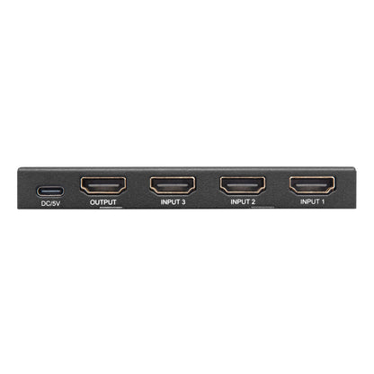 Luxorparts 4K HDMI-switch 3-vejs, front med USB-C DC/5V-port og fire HDMI-porte: Udgang, indgang 3, indgang 2, indgang 1.