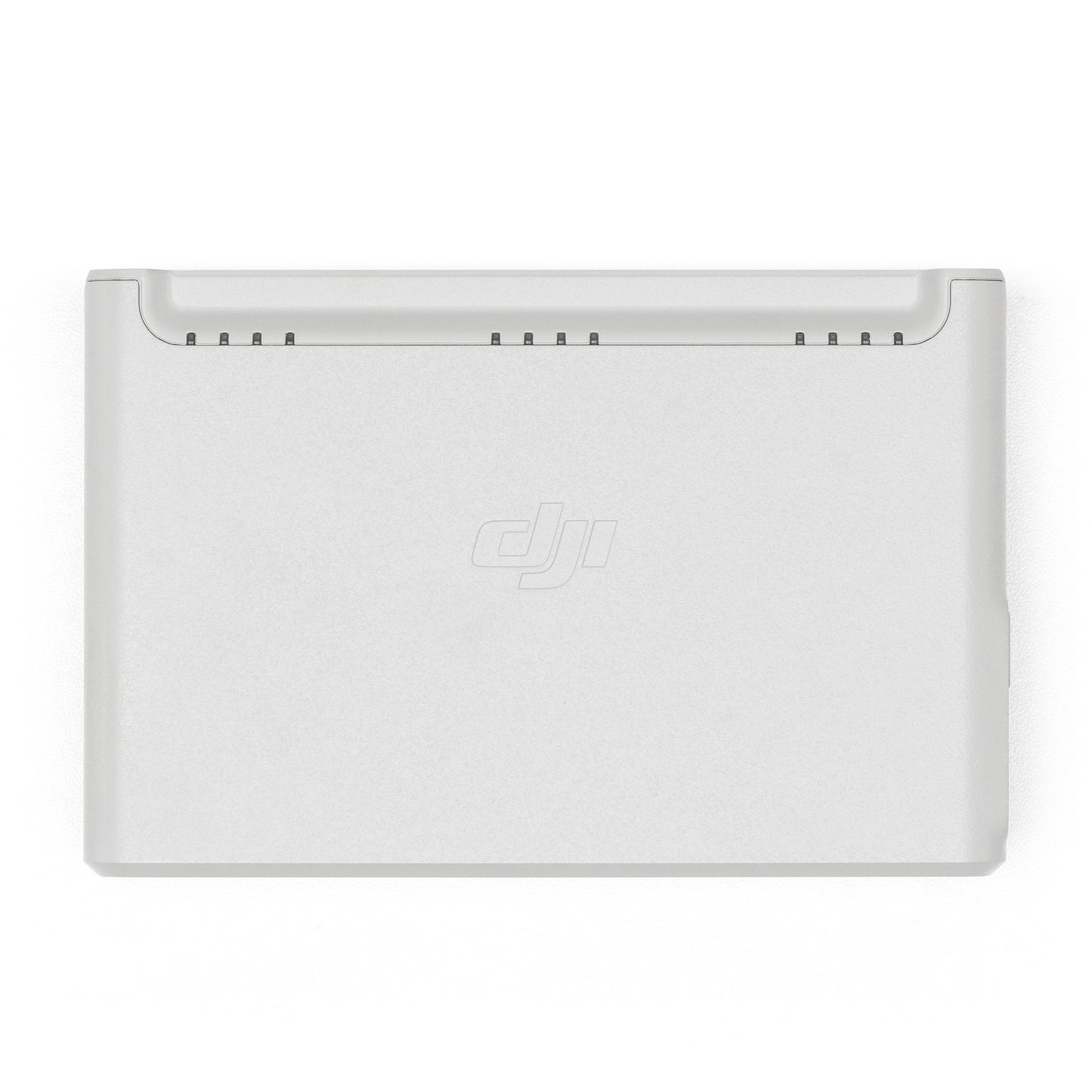 DJI Neo batteripakke, rektangulær, lys grå med afrundede kanter og centreret DJI-logo, set oppefra.