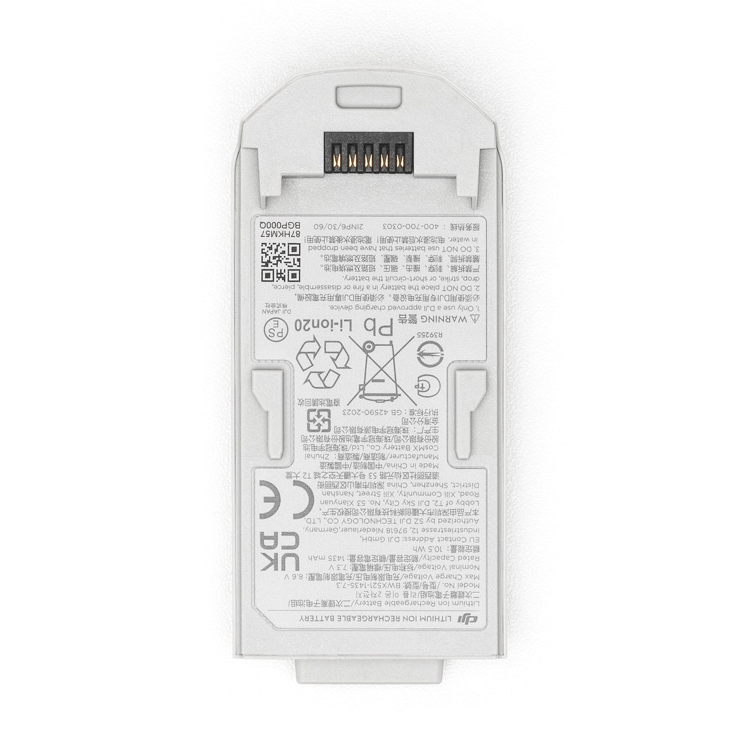 DJI Neo gråt rektangulært dronebatteri sæt oppefra med tekniske specifikationer, advarsler og certifikater på label.