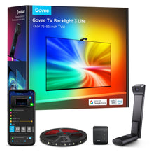 Govee TV Baggrundsbelysning 3 Lite til 65-75" med LED-strip, kontrolboks, kamerasensor, emballage og app på smartphone.