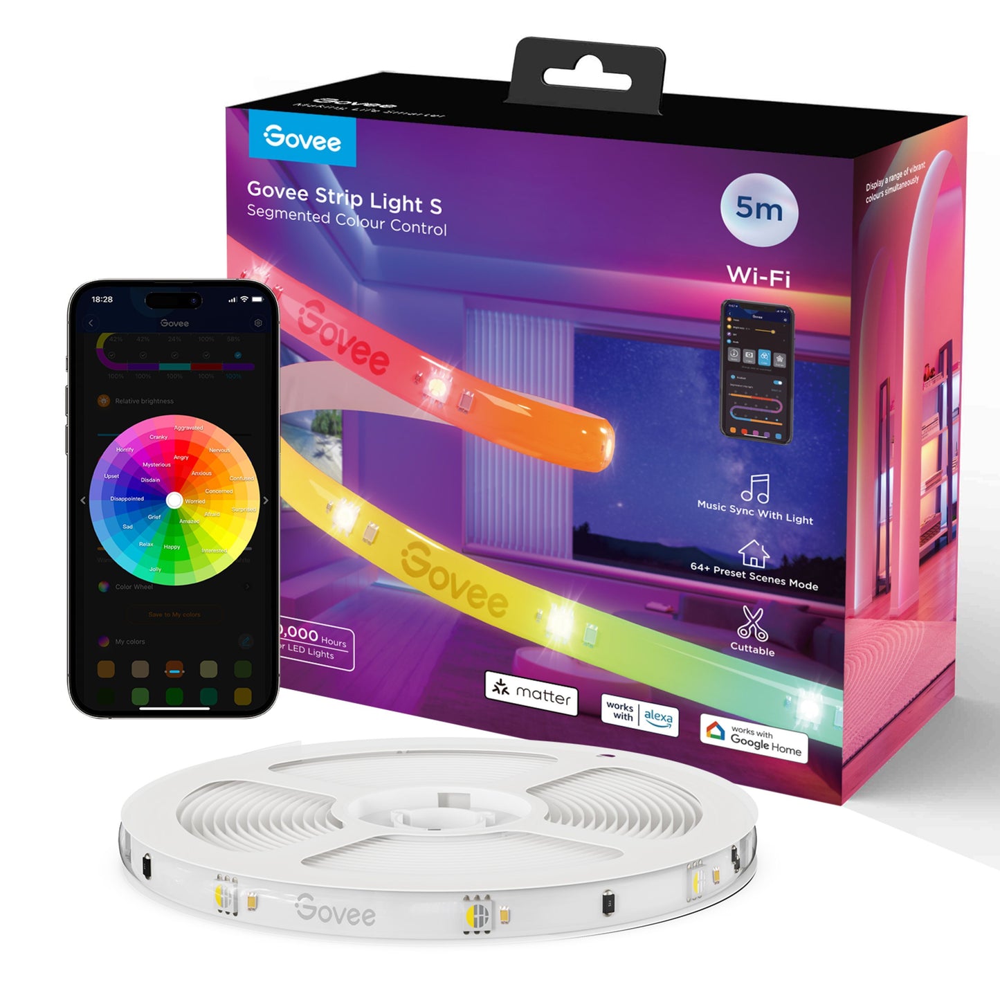 Govee RGBIC LED-lyssnor 5m Wi-Fi app-styret segmenteret farvestyring musik-sync klipbart med Govee-app på smartphone.