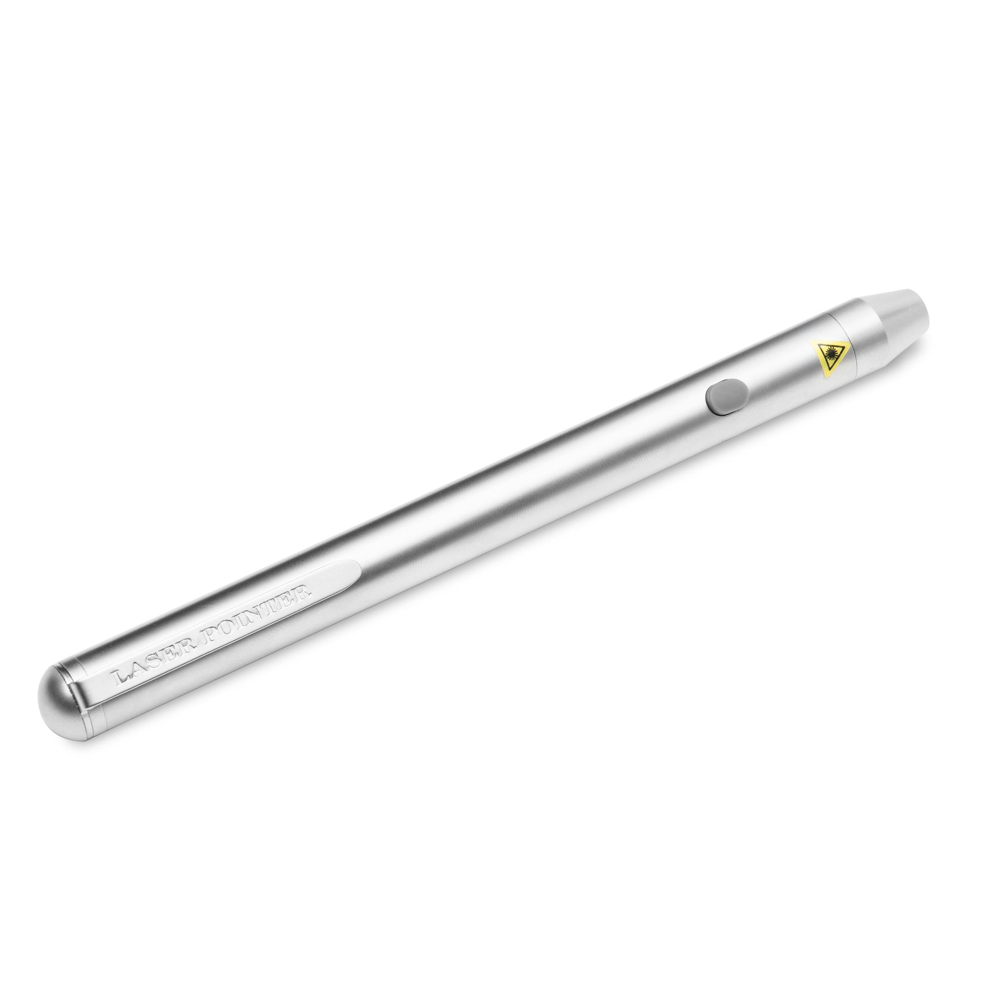 Laserpen penmodel sølv, penformet laserpointer med grå aktiveringsknap, gul advarselslabel og "LASER POINTER"-gravering.