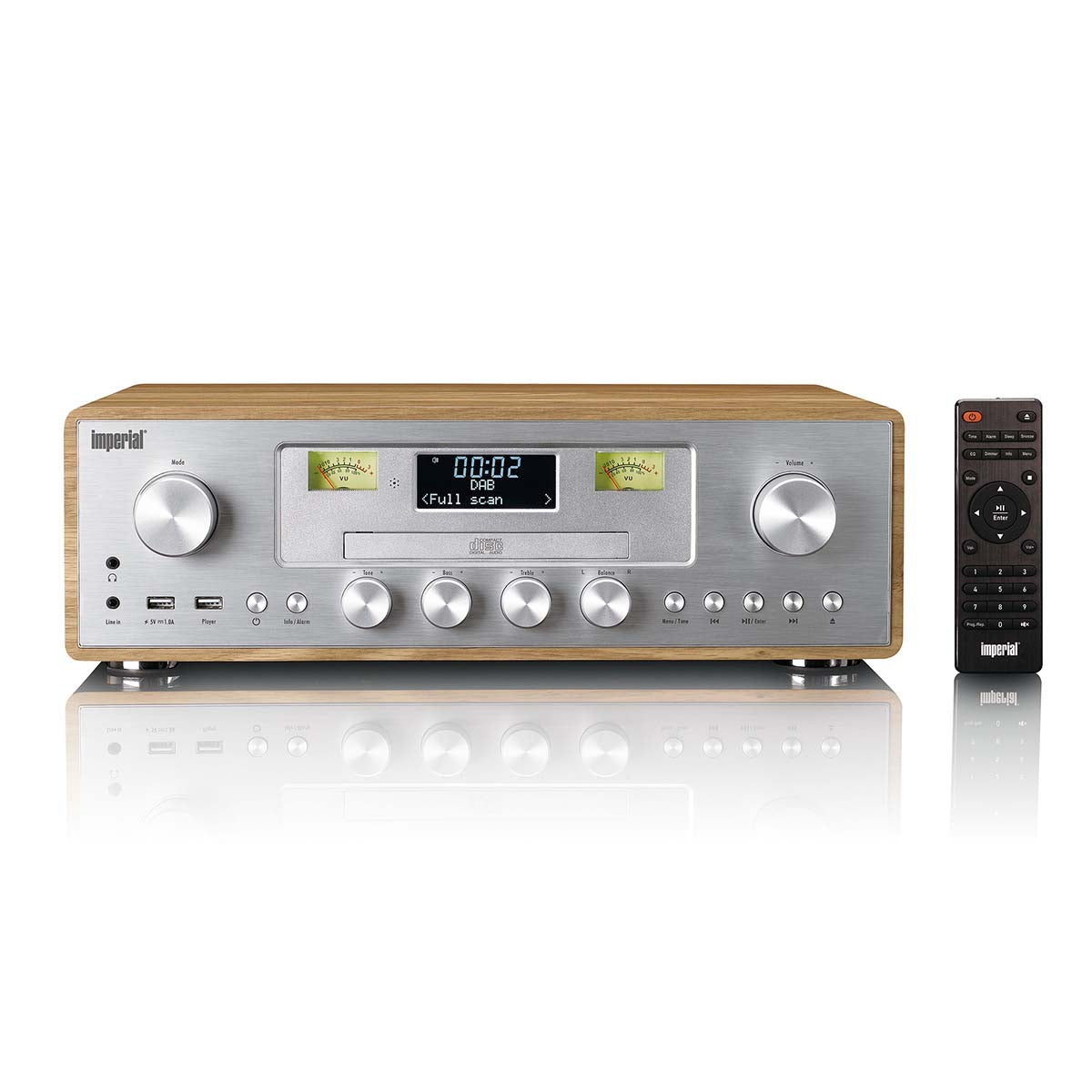 Nedis DAB/FM-radio med CD-afspiller, trådløs streaming, træskab, sølvfront, analoge målere, sort fjernbetjening.