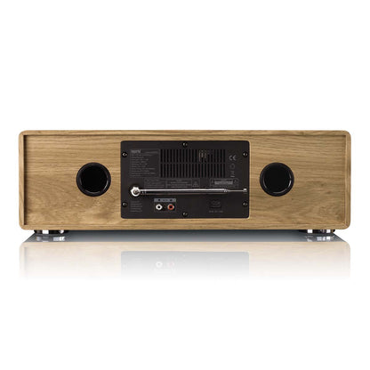 Nedis DAB/FM Radio med CD-afspiller bagside med sort panel, porte, labels, DAB+ nødadvarsler, antenne og to åbninger.