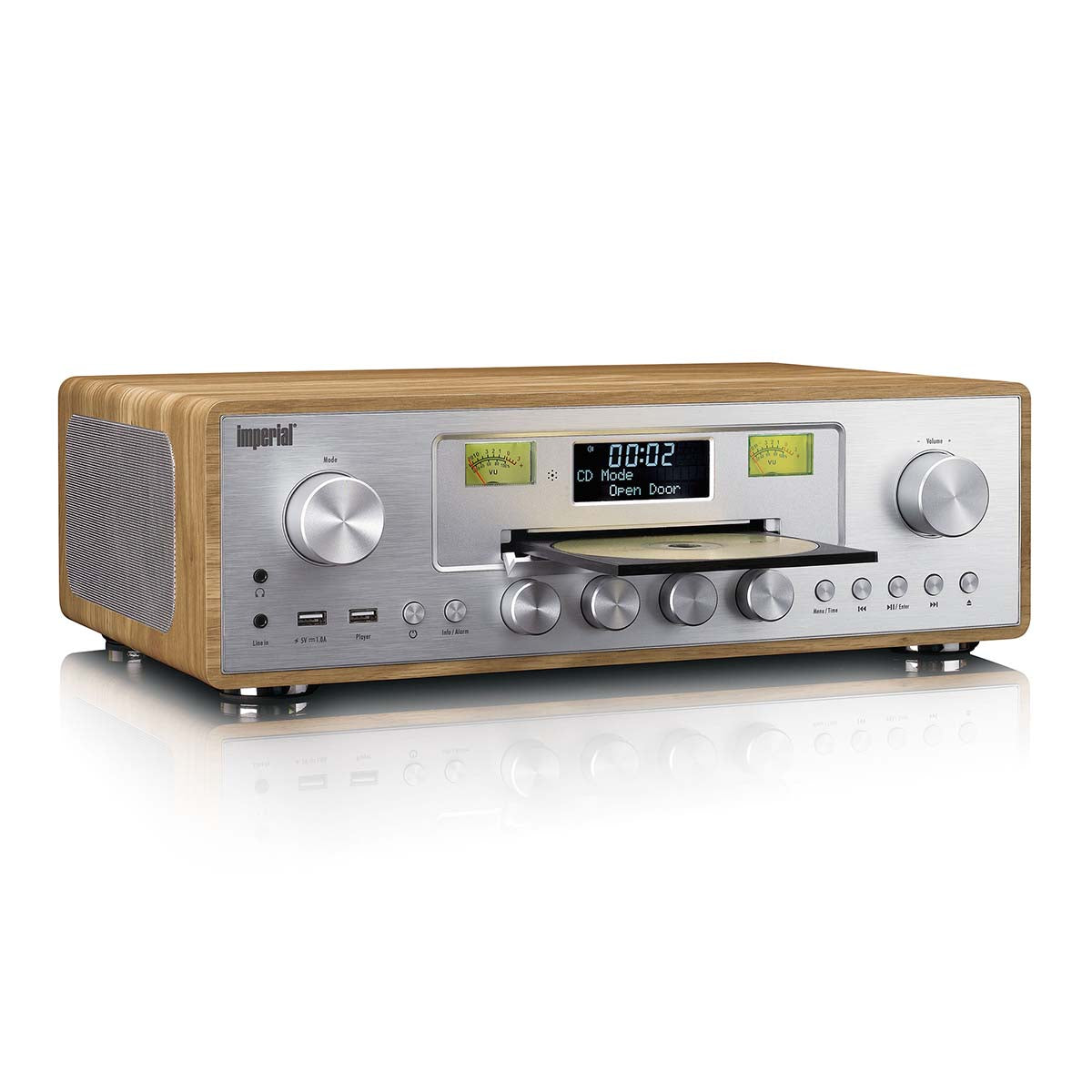 Nedis DAB/FM radio med CD-afspiller, træfinish, metalfront, to drejeknapper, digitalt display, CD-slot, porte.