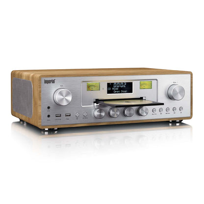 Nedis DAB/FM radio med CD-afspiller, træfinish, metalfront, to drejeknapper, digitalt display, CD-slot, porte.