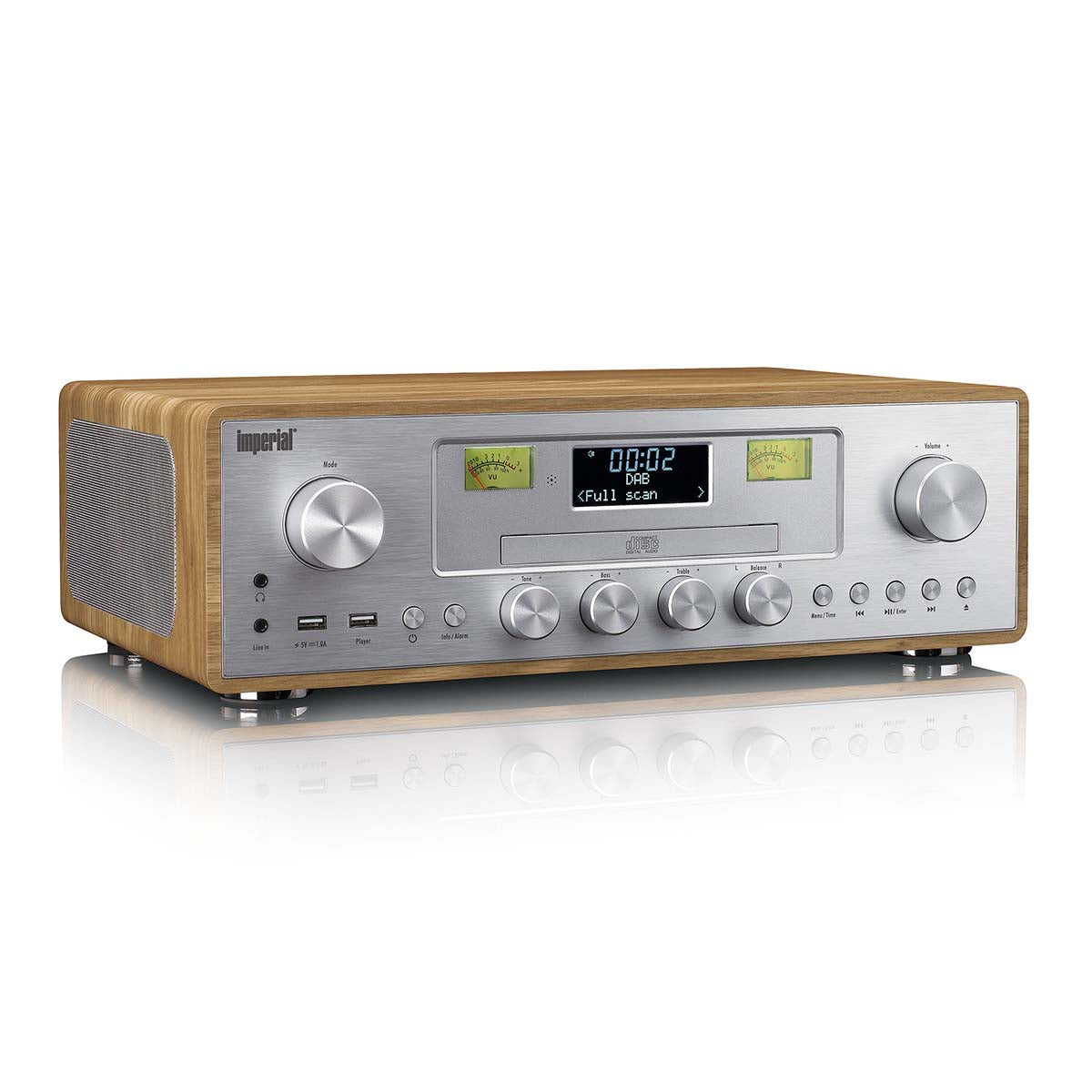 Nedis DAB/FM-radio med CD-afspiller i trælook, sølvfront, knapper, digitalt display og analog VU-måler.