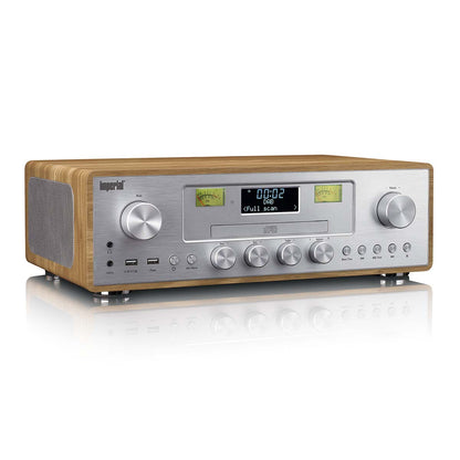 Nedis DAB/FM-radio med CD-afspiller i trælook, sølvfront, knapper, digitalt display og analog VU-måler.