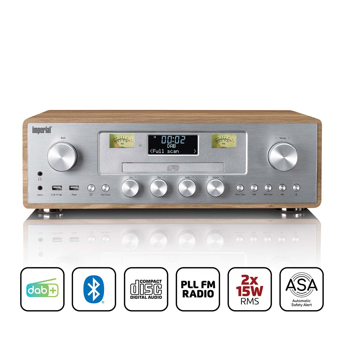 Nedis DAB/FM-radio med CD-afspiller, sølv og træ, display, knapper, DAB+, FM, Bluetooth, 2x15W højttalere.