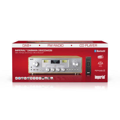 Nedis DAB/FM-radio med CD-afspiller, fjernbetjening, USB og Bluetooth på rød emballage.