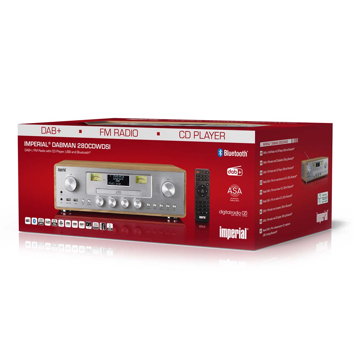 Nedis DAB/FM-radio med CD-afspiller, sølv, fjernbetjening, Bluetooth-streaming, FM og DAB+ nødadvarsler på rød æske.