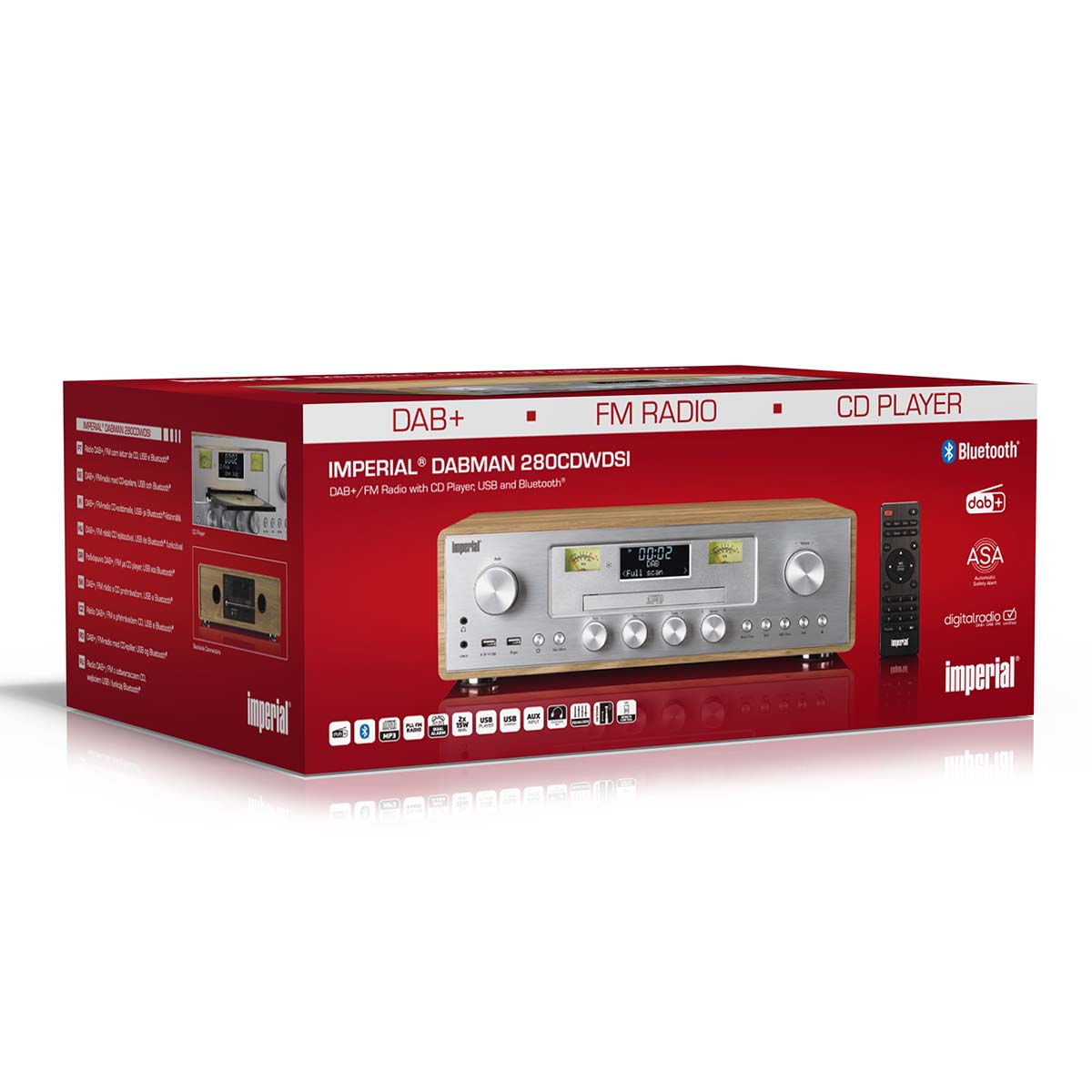 Nedis DAB/FM Radio med CD Afspiller sølv, DAB+, FM, CD, USB, Bluetooth, fjernbetjening, rød æske med produktbilleder.
