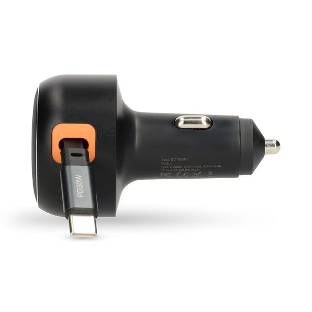 Nedis biloplader med udtrækkeligt USB-C-kabel, 30W PD, 0,7 m