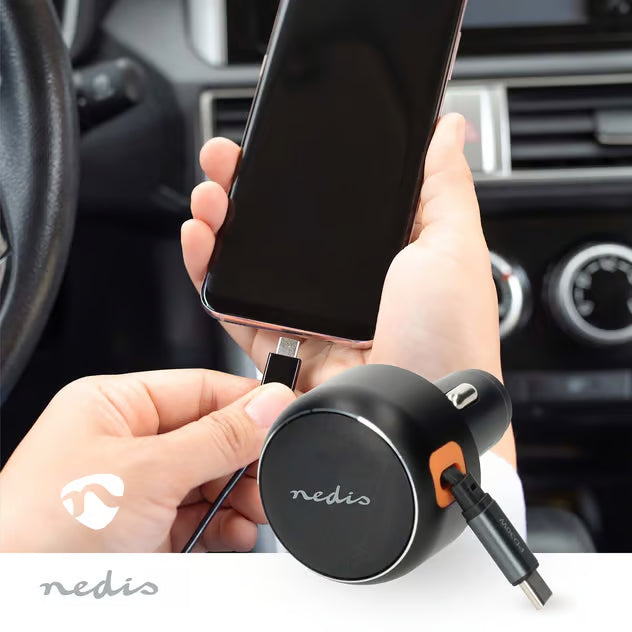 Nedis biloplader med udtrækkeligt USB-C-kabel, 30W PD, 0,7 m