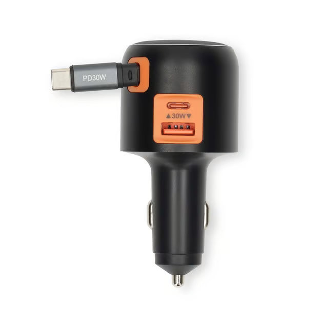 Nedis biloplader med udtrækkeligt USB-C-kabel, 2 porte, 60W PD, 0,7 m