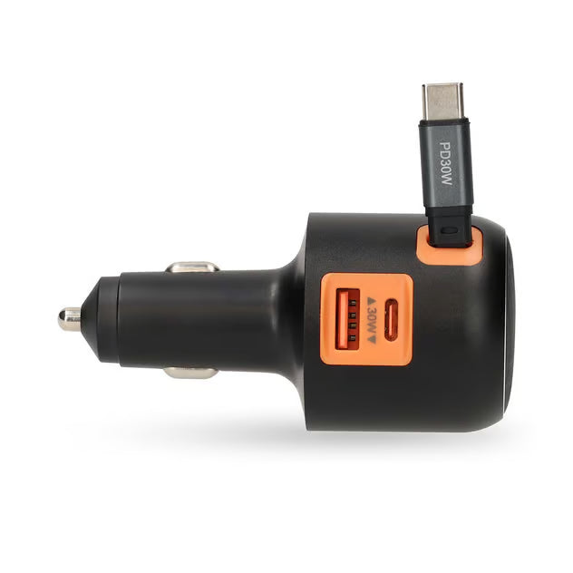 Nedis biloplader med udtrækkeligt USB-C-kabel, 2 porte, 60W PD, 0,7 m