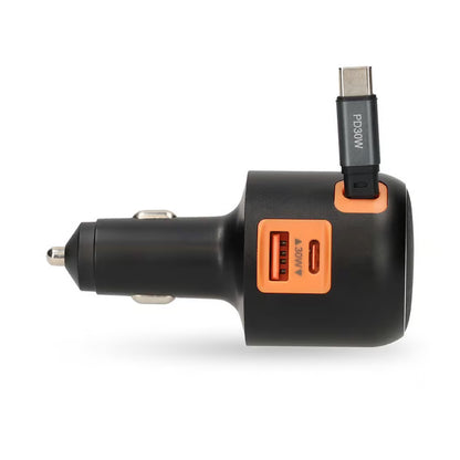 Nedis biloplader med udtrækkeligt USB-C-kabel, 2 porte, 60W PD, 0,7 m