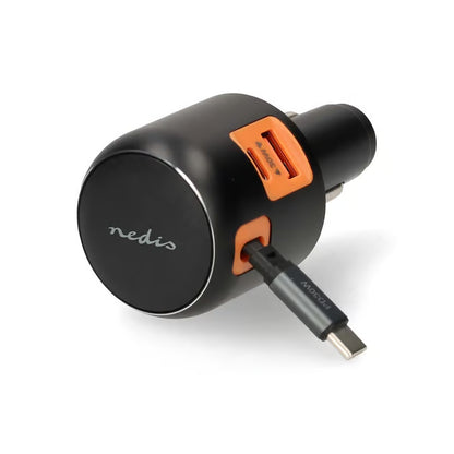 Nedis biloplader med udtrækkeligt USB-C-kabel, 2 porte, 60W PD, 0,7 m