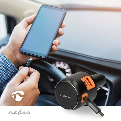 Nedis biloplader med udtrækkeligt USB-C-kabel, 2 porte, 60W PD, 0,7 m