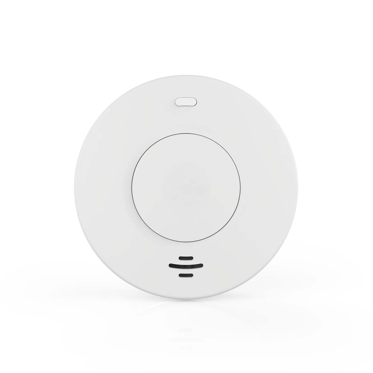 Nedis WiFi brandalarm 10 år, hvid, rund, central knap og to ventilationsåbninger nederst.