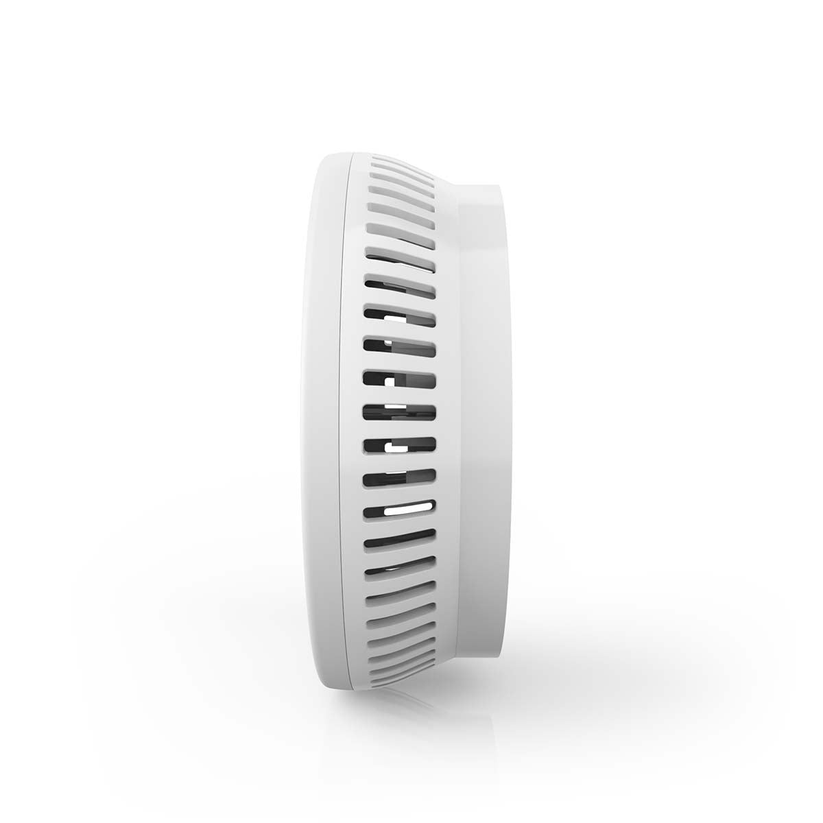 Nedis WiFi Brandalarm 10 år, røgdetektor, hvid, rund, sideview med flere ventilationsåbninger, WiFi-kompatibel.