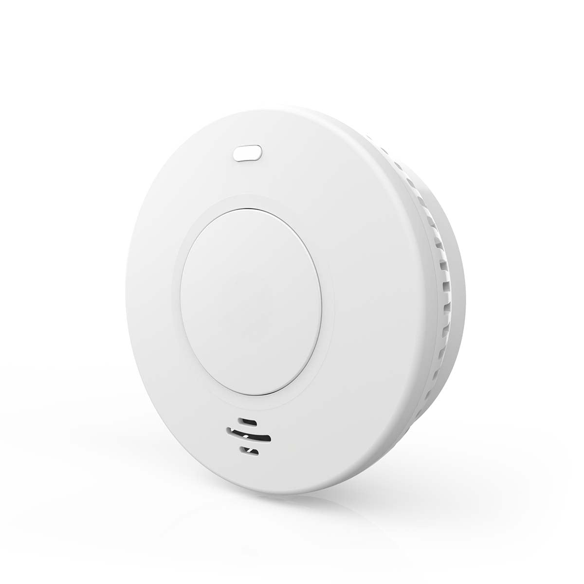 Nedis WiFi brandalarm 10 år rund hvid med central knap, top indikatorlys og bundventiler.