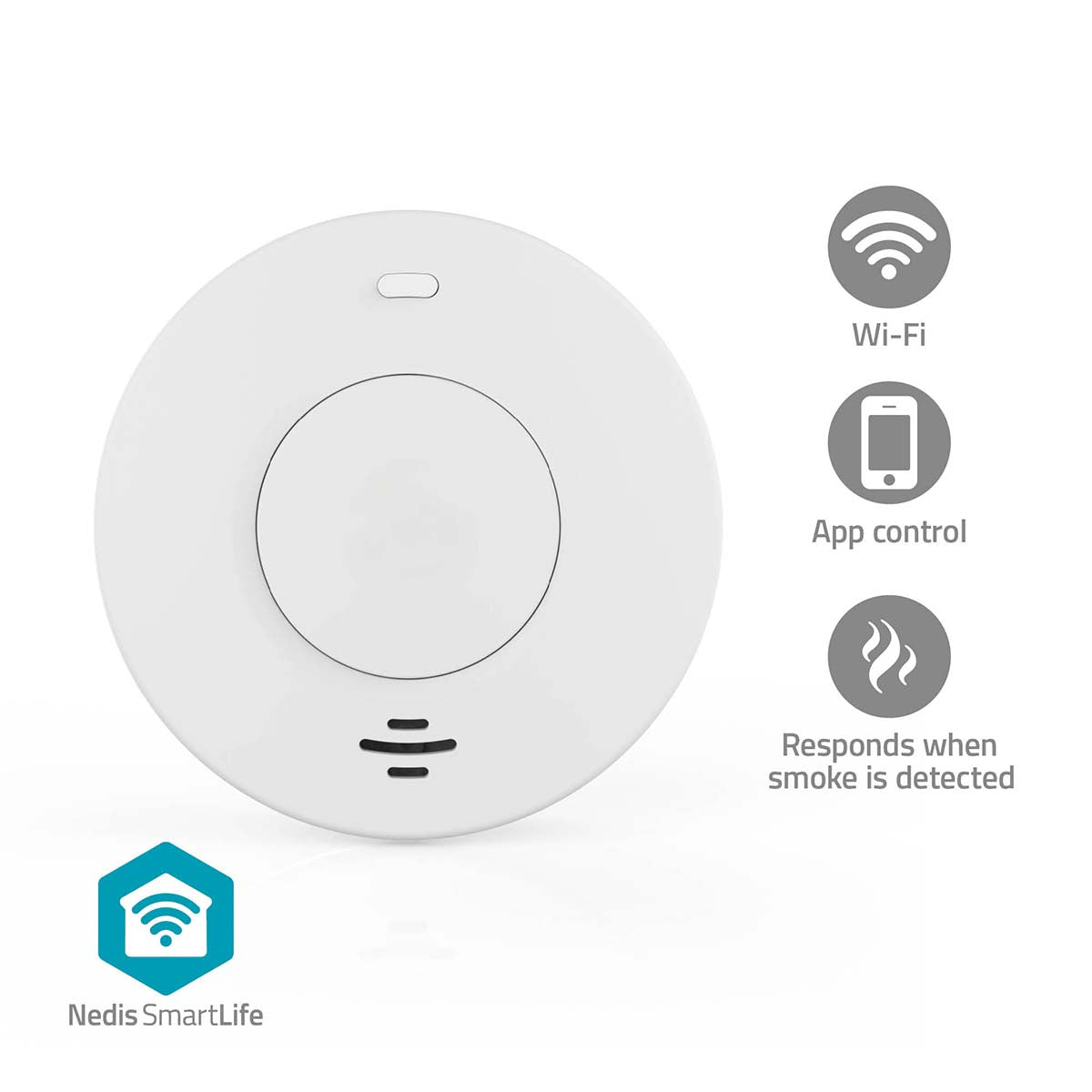 Nedis WiFi brandalarm 10 år, hvid, rund, Wi-Fi-symbol, appstyring, smart home-integration, Nedis SmartLife-logo.