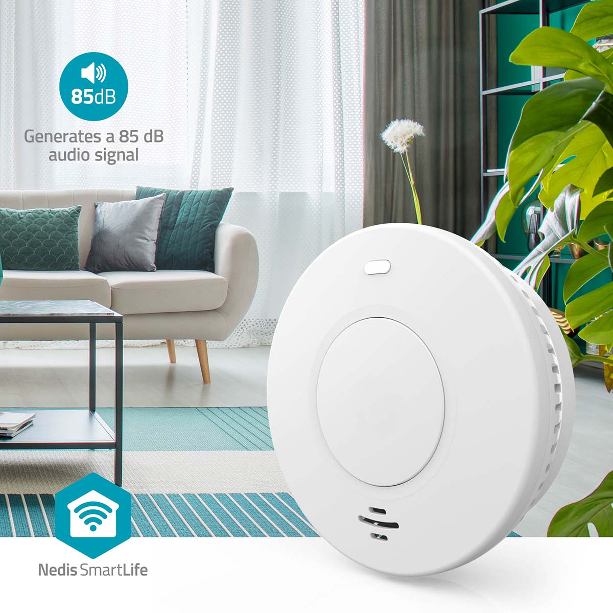 Nedis WiFi brandalarm 10 år på væg, 85 dB alarm tydelig tekst, Nedis SmartLife-logo synligt.