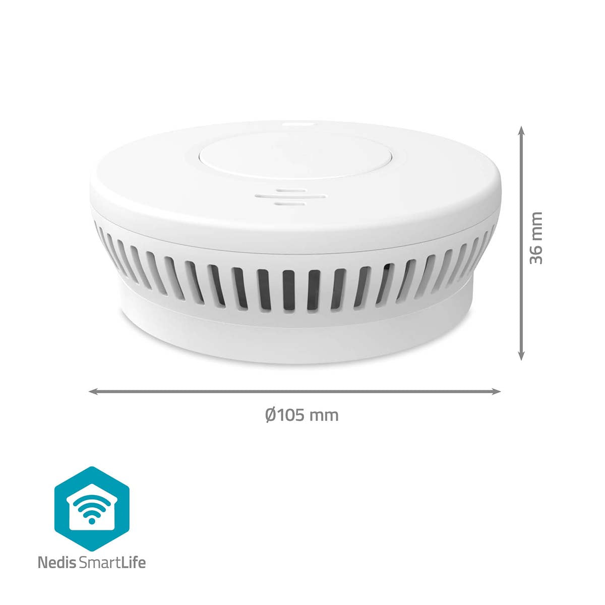 Nedis WiFi brandalarm 10 år, hvid, ventilationssider, Ø105 mm, H36 mm, SmartLife-logo nederst til venstre.