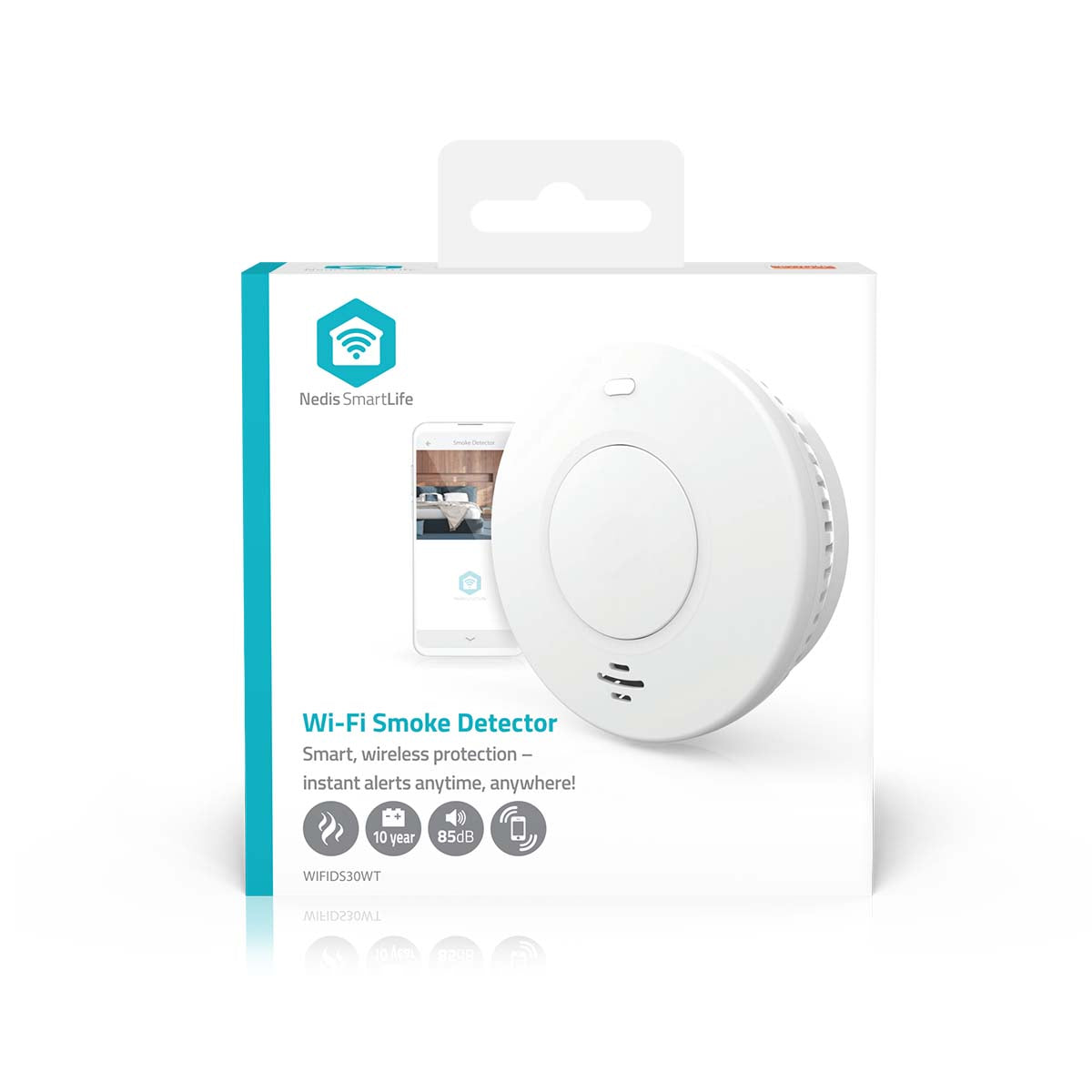 Nedis WiFi brandalarm 10 år, trådløse alarmer, 85 dB, app-kompatibel, vist med smartphone på emballage.