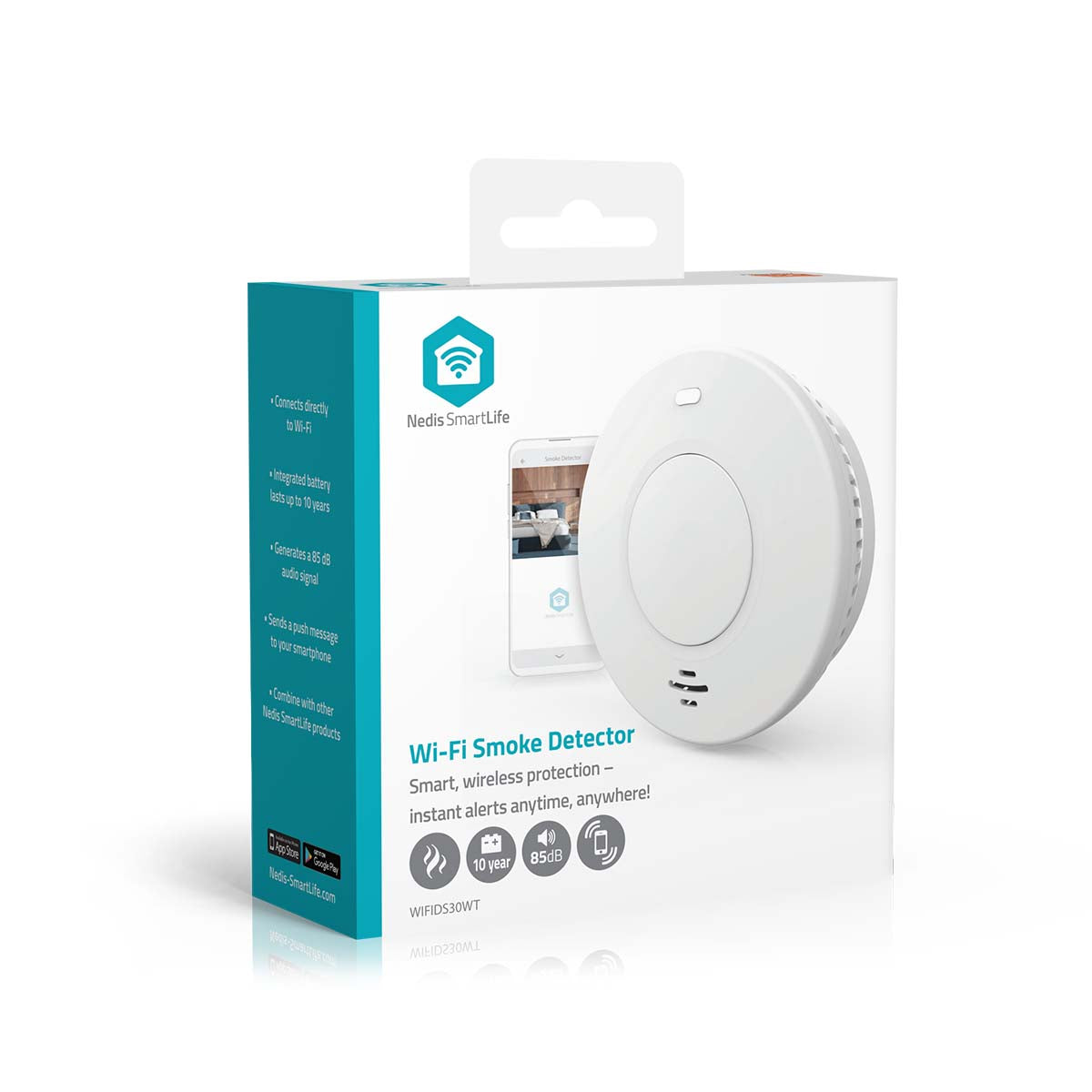 Nedis WiFi Brandalarm 10 år i æske med detektor, app-integration og ikoner til fjernadvarsel, WiFi og smart home.