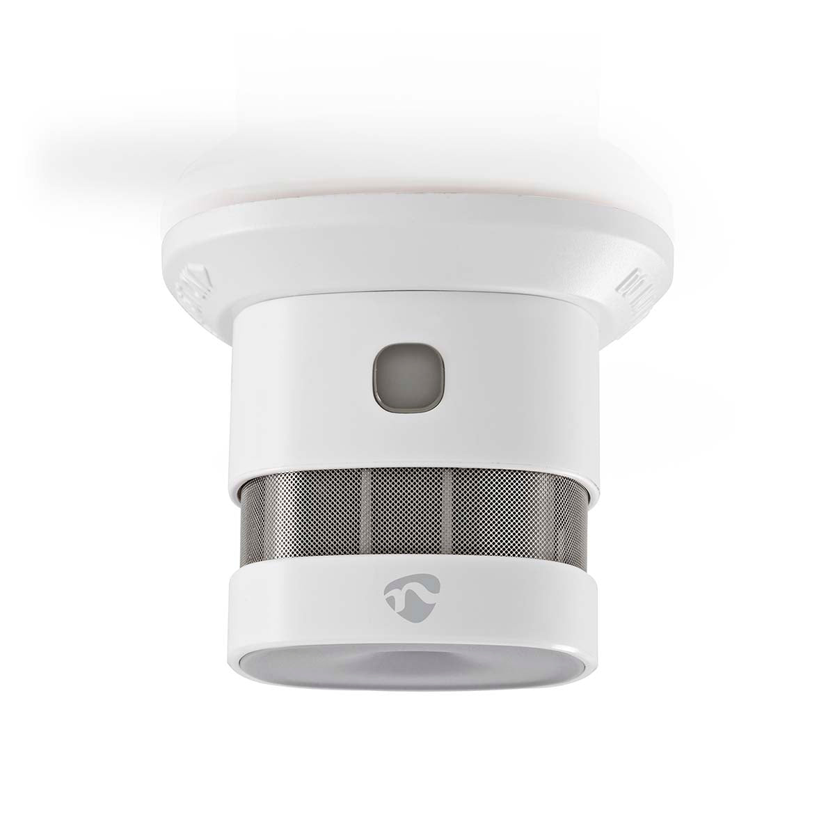 Nedis WiFi Brandalarm 5 år, hvid rund model til loft, central knap og metalnet, smart home kompatibel.