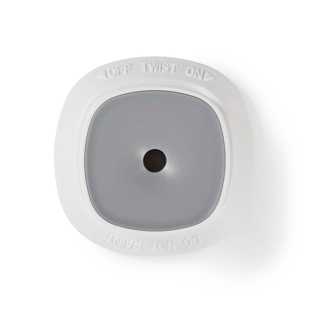 Nedis WiFi Brandalarm 5 år låg i hvid/grå plast med sort centerprik, hævet tekst OFF TWIST ON og DO NOT PAINT.