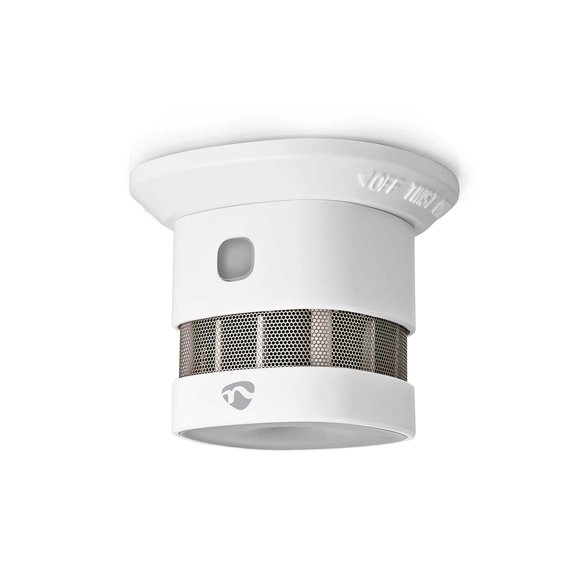 Nedis WiFi Brandalarm 5 år, hvid, runde design, metalnetbånd, front testknap, smart home integration.