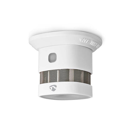 Nedis WiFi Brandalarm 5 år, hvid, runde design, metalnetbånd, front testknap, smart home integration.