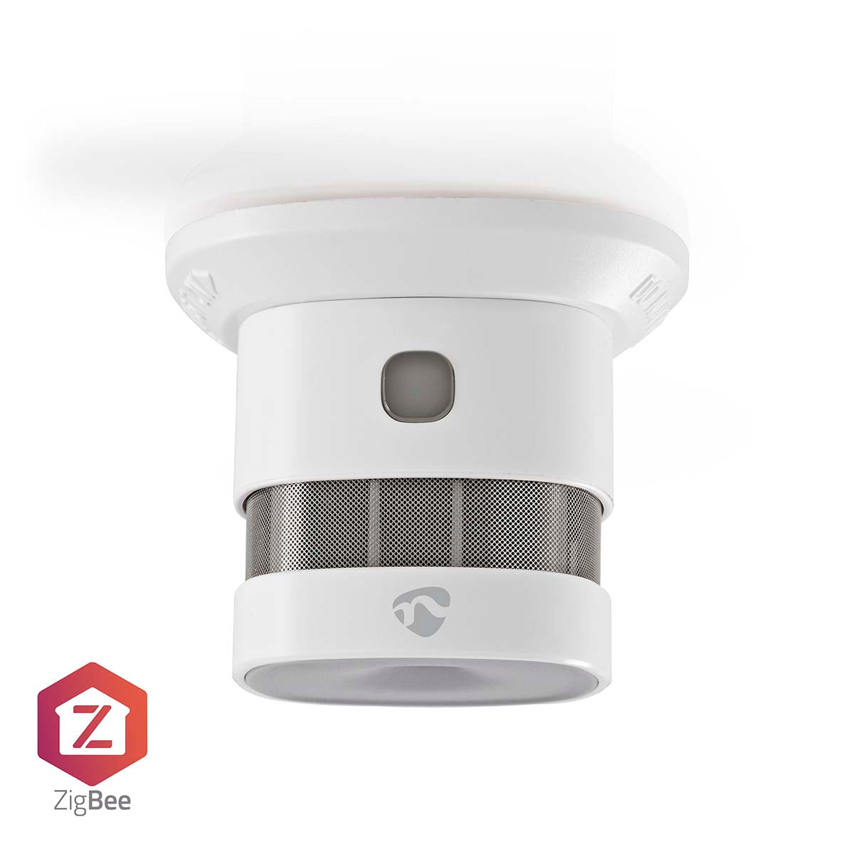 Nedis WiFi brandalarm 5 år, rund og hvid med mesh midte, loftmonteret, ZigBee-logo viser smart home-kompatibilitet.