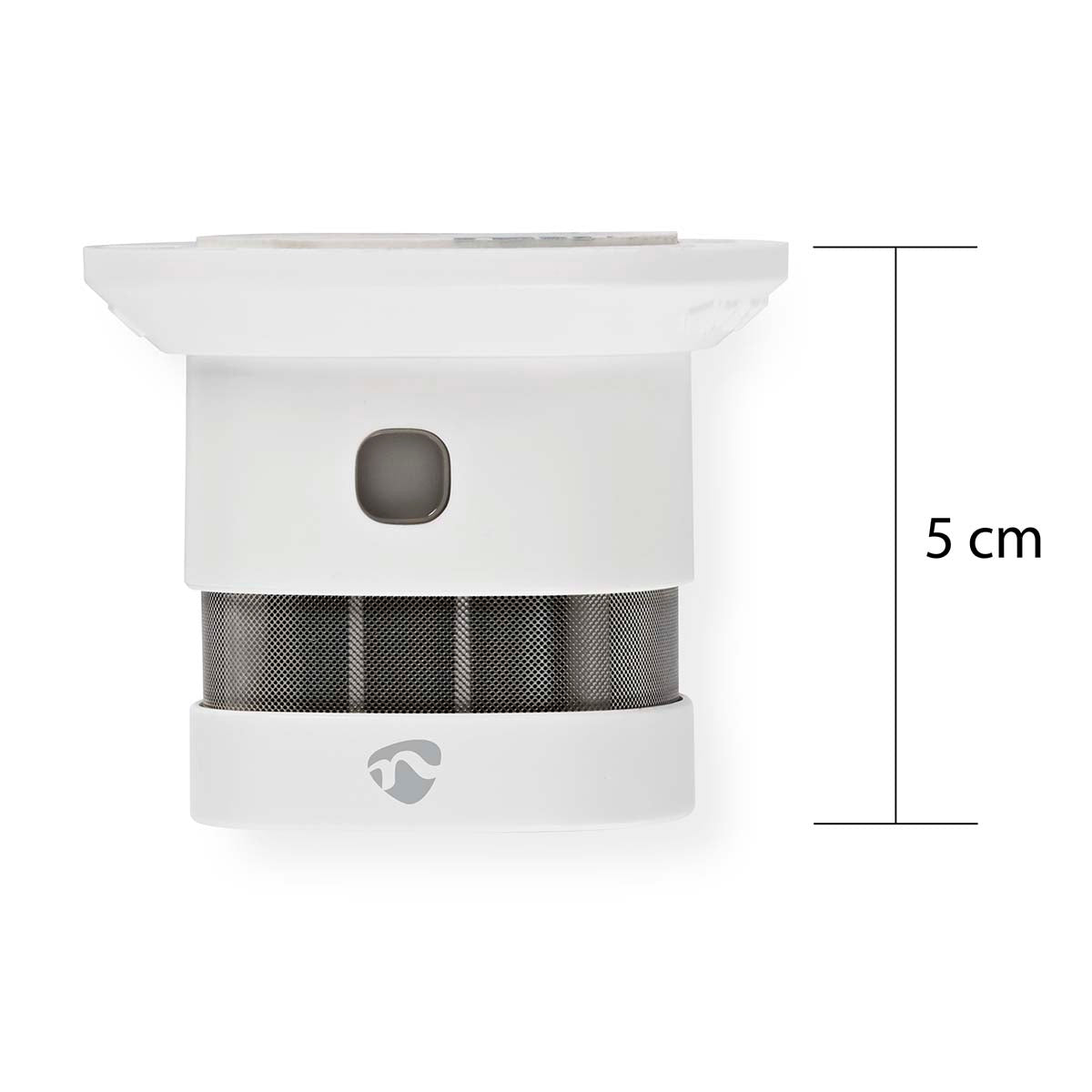 Nedis WiFi brandalarm 5 år rund med mesh-center, vist ved siden af højdeangivelse på 5 cm, ZigBee-kompatibel.