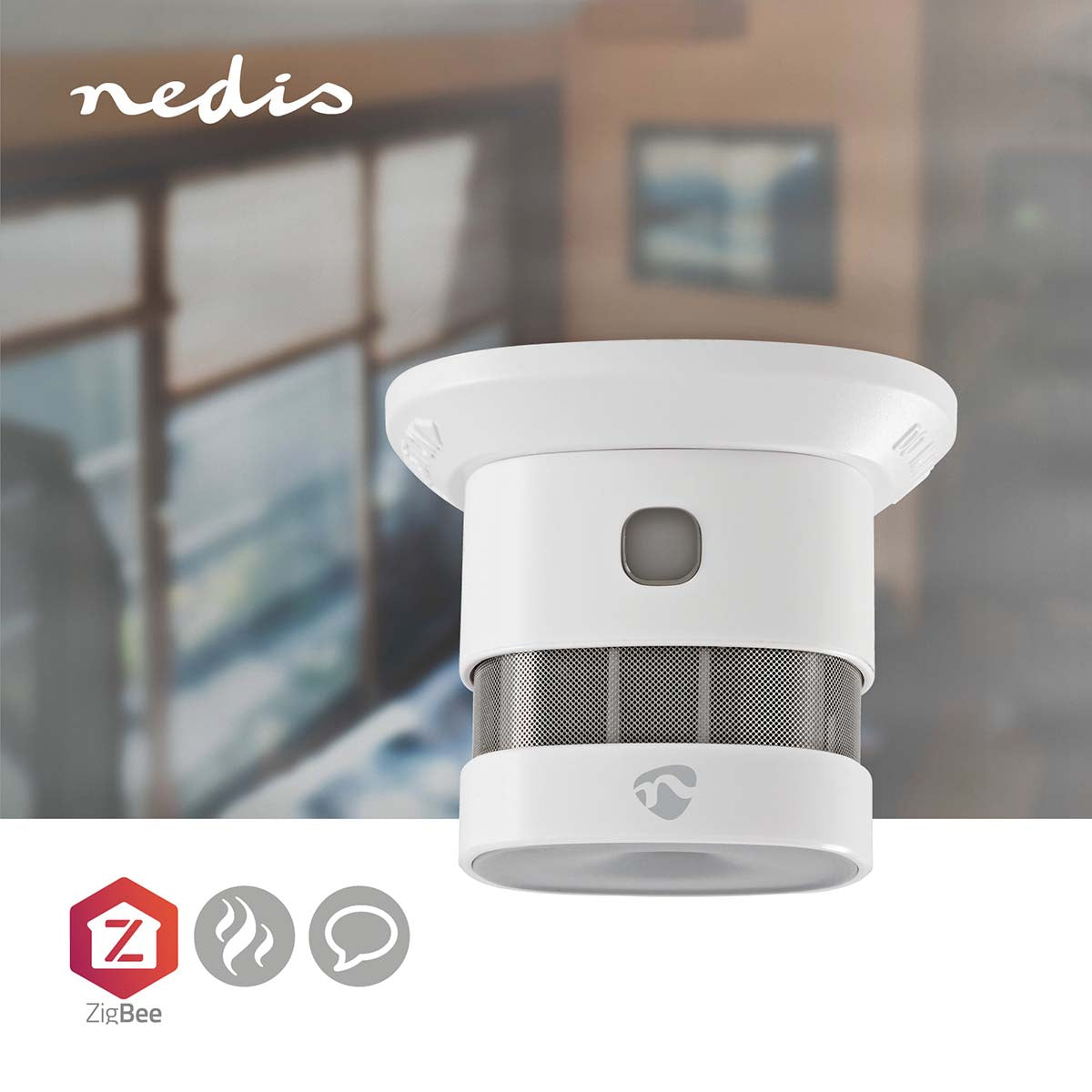 Nedis WiFi brandalarm 5 år loftmonteret, ikoner til WiFi, røgdetektering og smart home notifikationer.