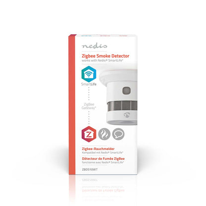 Nedis WiFi brandalarm 5 år, WiFi-forbindelse og smart home-kompatibilitet, engelsk/tysk/fransk tekst på æsken.