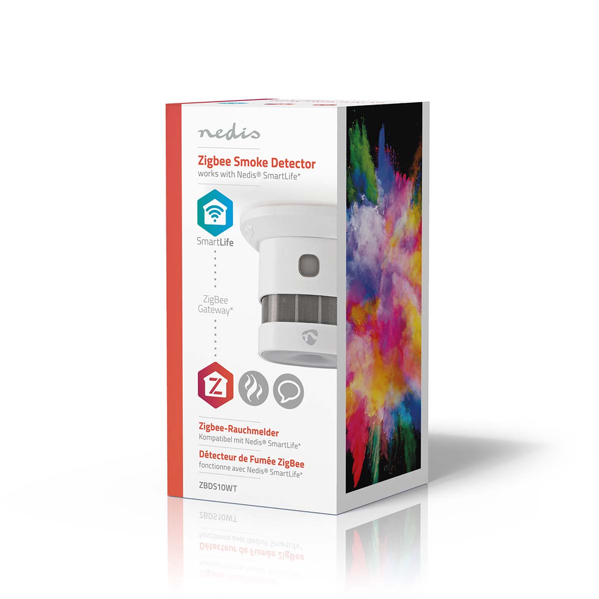Nedis WiFi brandalarm 5 år, hvid, på emballage med farverigt grafisk motiv og SmartLife/WiFi-integration ikoner.