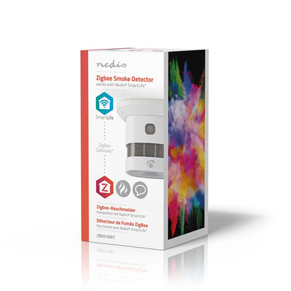 Nedis WiFi brandalarm 5 år, hvid, på emballage med farverigt grafisk motiv og SmartLife/WiFi-integration ikoner.