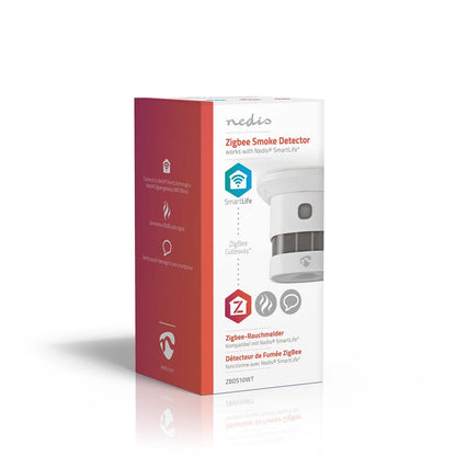 Nedis WiFi Brandalarm 5 år i hvid/rød æske med smart home-ikoner, WiFi-integration og flersprogede beskrivelser.