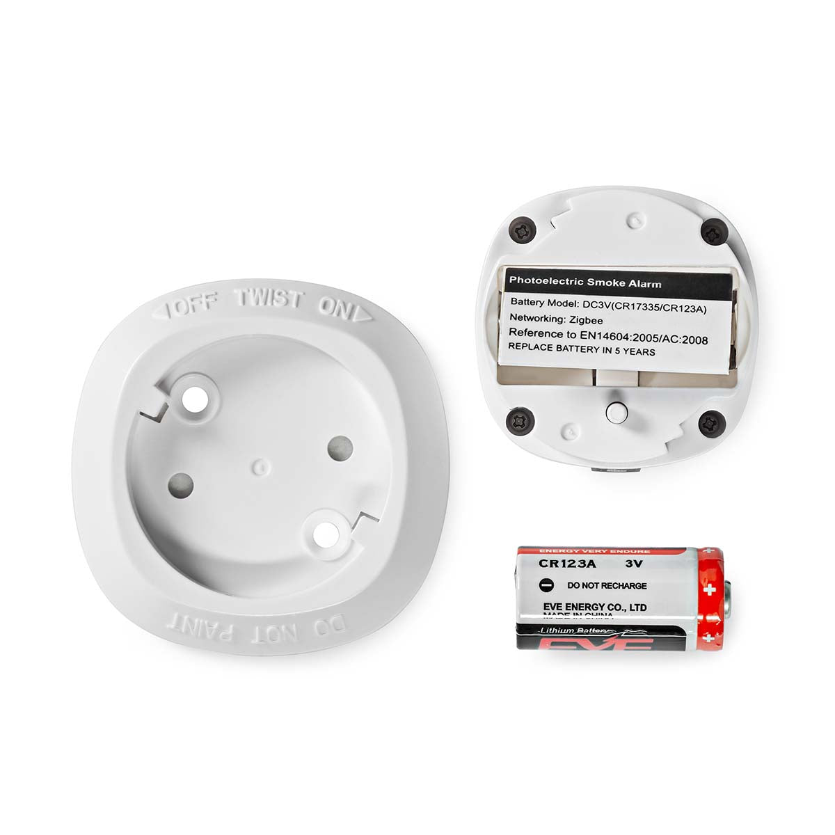 Nedis WiFi Brandalarm 5 år, bagside med monteringsplade, batterirum, løs CR123A 3V batteri, ZigBee-logo.