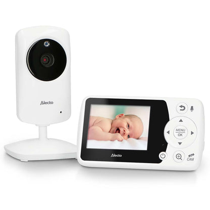 Nedis genopladelige babymonitor med kamera til venstre, baby vist på skærm, navigations- og indstillingsknapper.