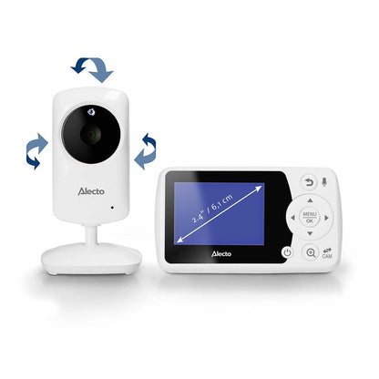 Nedis genopladelige babymonitor med kamera på stativ, 2,4" håndholdt skærm og blå pæl til rotation.