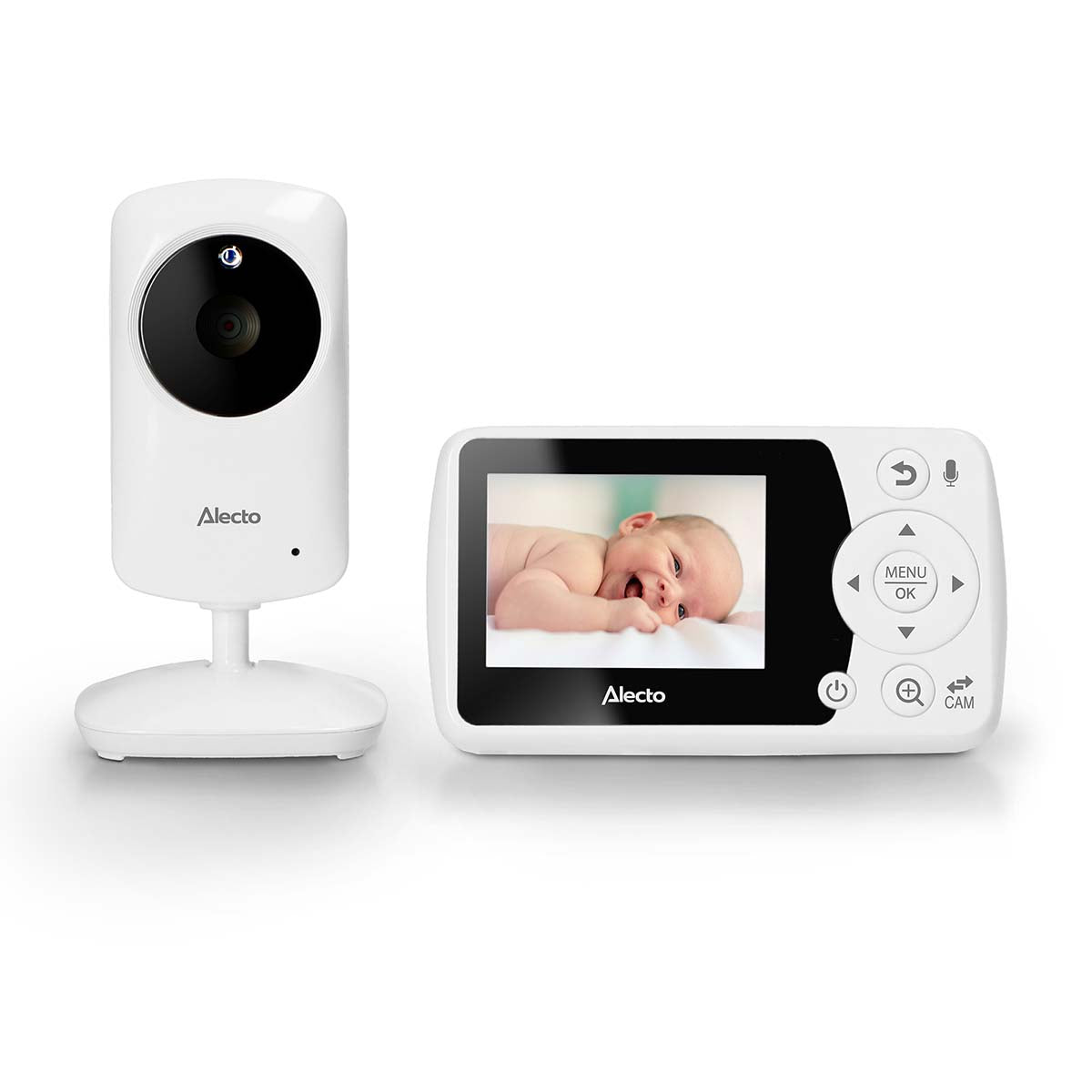 Nedis Genopladelig Babymonitor hvid, kamera til venstre, håndholdt skærm til højre med billede af baby.