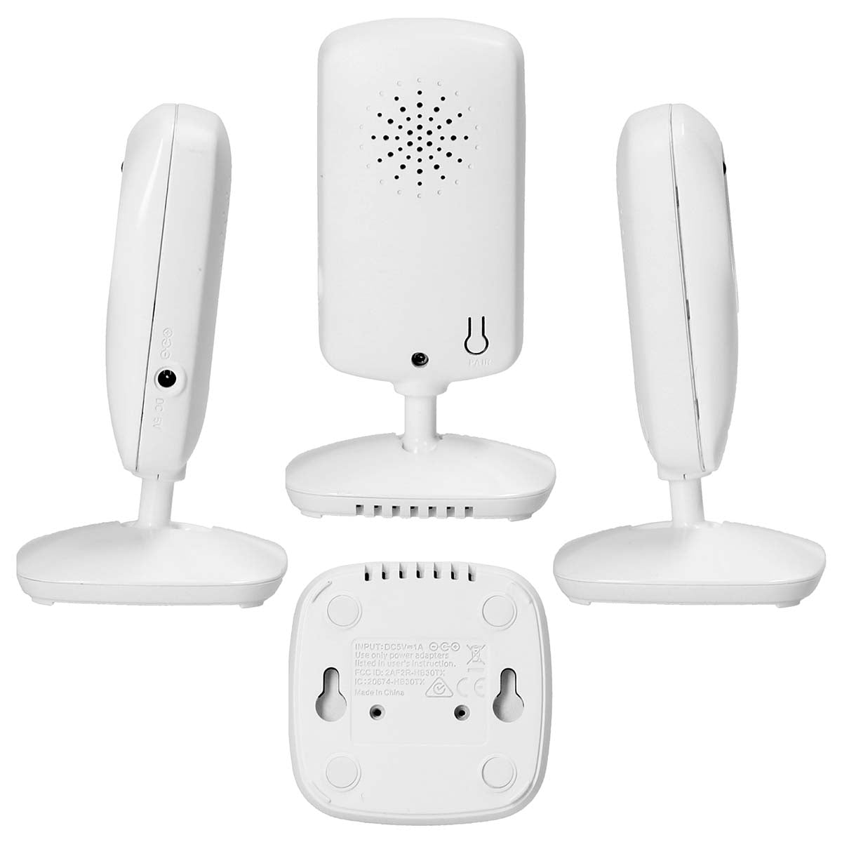 Nedis Genopladelig Babymonitor vises fra flere vinkler med rektangulær form, flad bund, bagsidehøjtaler og vægmonteringsslots.
