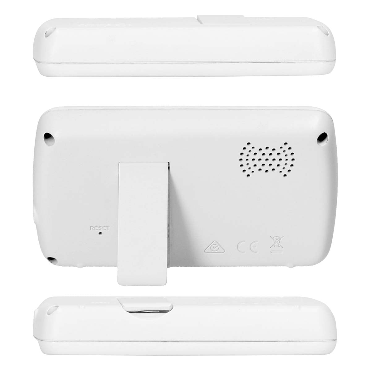 Nedis genopladelige babymonitor vist fra top, bund og taske med stativ, højttalergrill, port, certificeringssymboler og reset-knap.