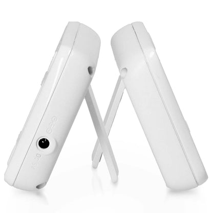 Nedis genopladelig babymonitor med kamera, til enheder oprejst med udfoldede standere og synlige porte.
