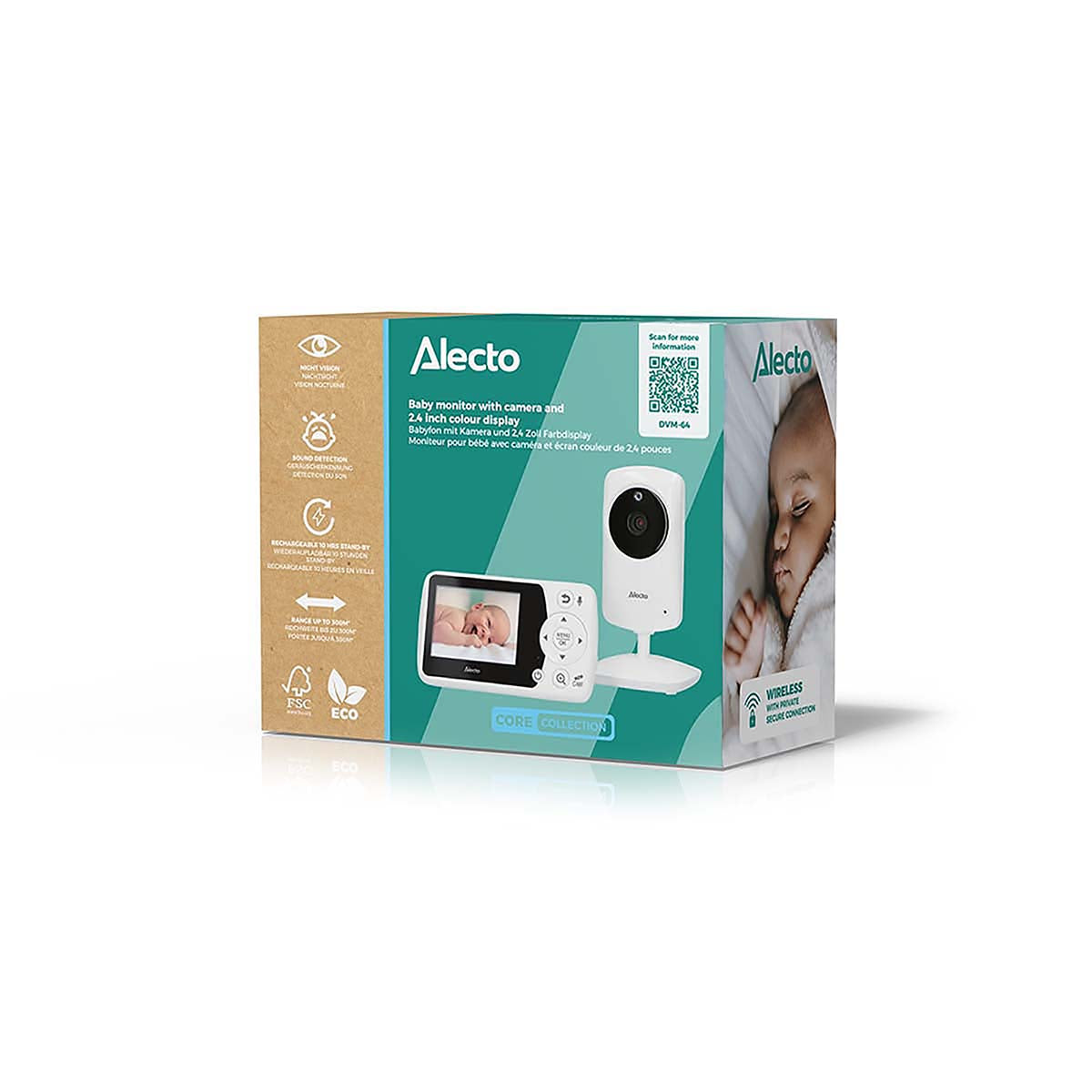 Nedis genopladelig babymonitor med kamera, 2,4" skærm med babymotiv, eco mode og nattesyn.